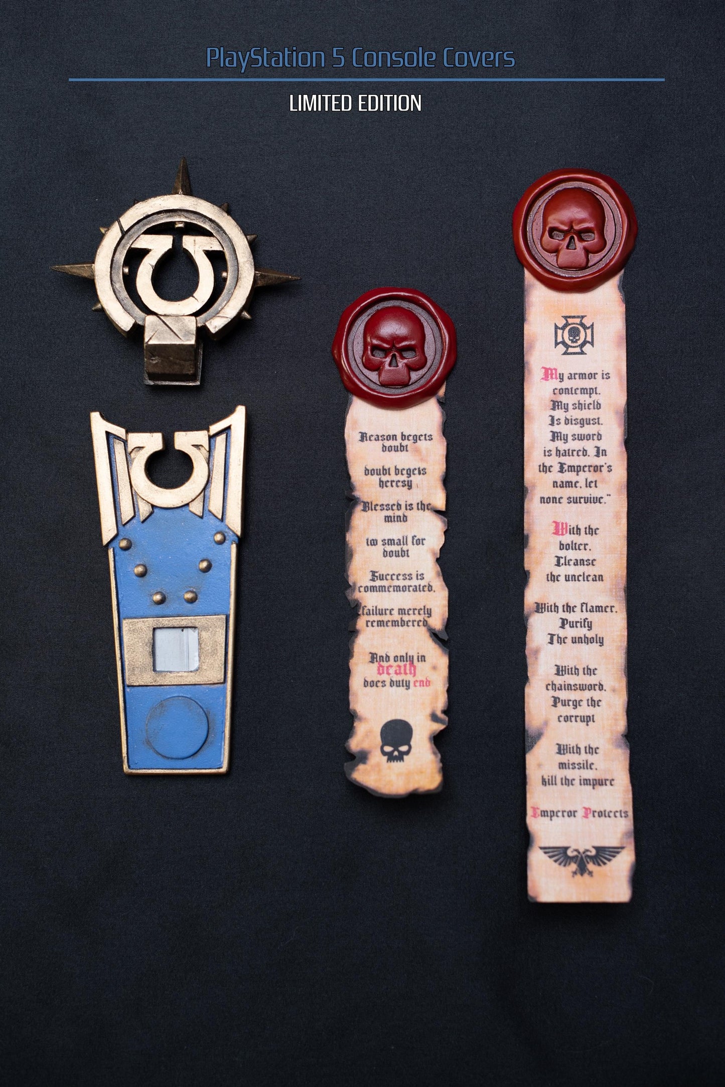 Custom made Warhammer 40,000 Space Marine 2 Ultramarine style PlayStation 5 slim console covers.