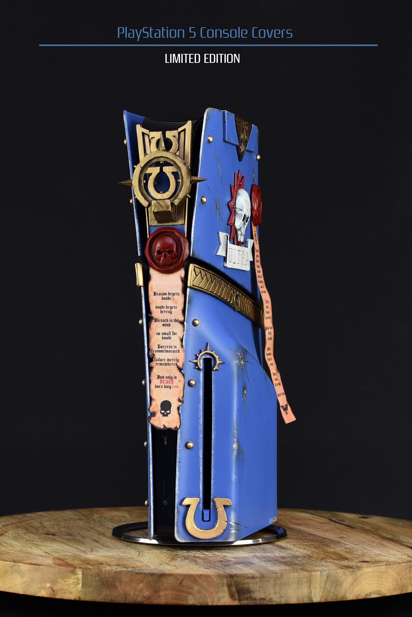 Custom made Warhammer 40,000 Space Marine 2 Ultramarine style PlayStation 5 slim console covers.