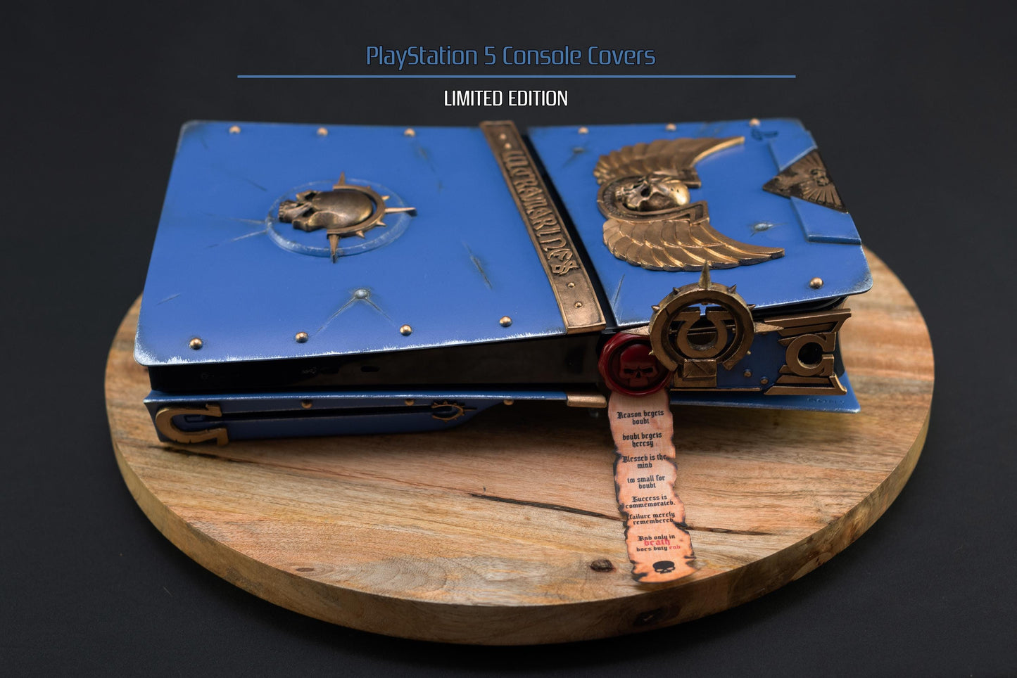 Custom made Warhammer 40,000 Space Marine 2 Ultramarine style PlayStation 5 slim console covers.