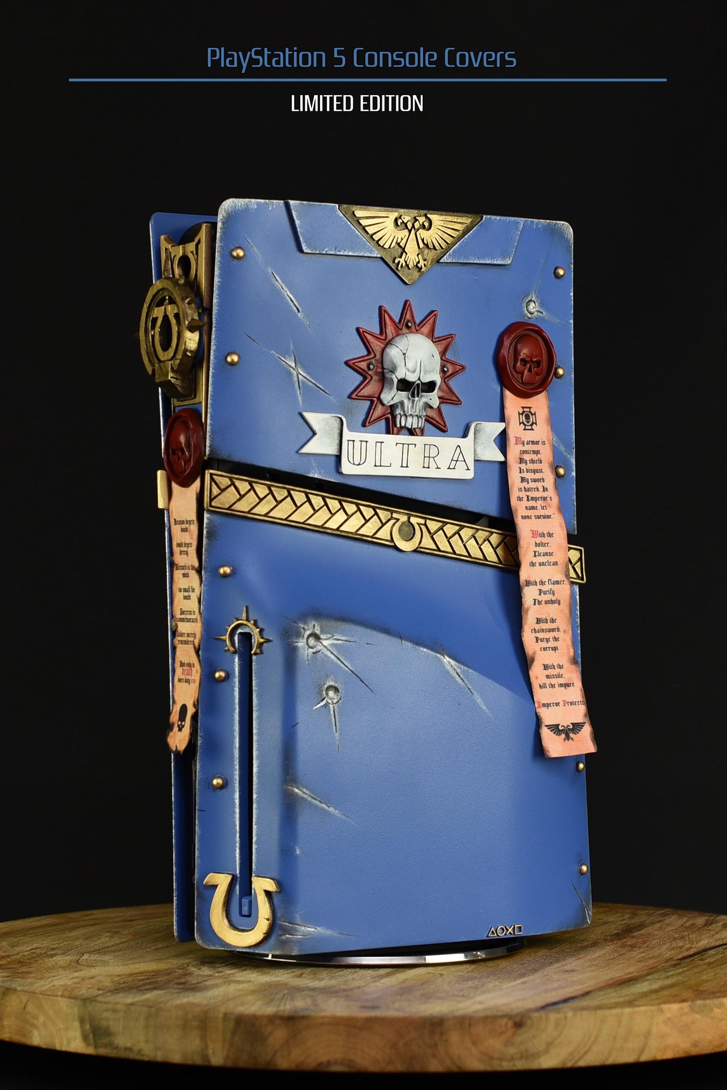 Custom made Warhammer 40,000 Space Marine 2 Ultramarine style PlayStation 5 slim console covers.