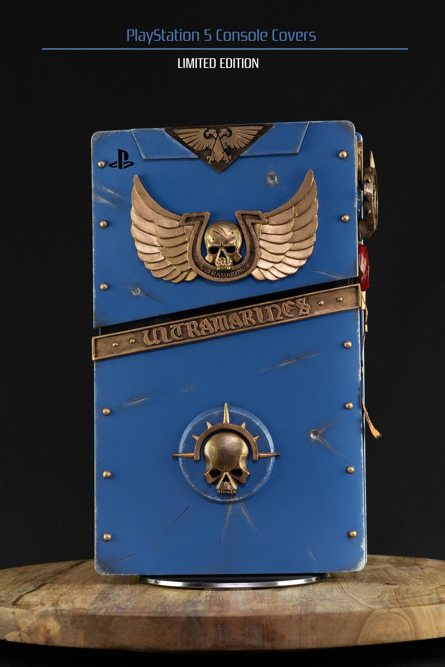 Custom made Warhammer 40,000 Space Marine 2 Ultramarine style PlayStation 5 slim console covers.