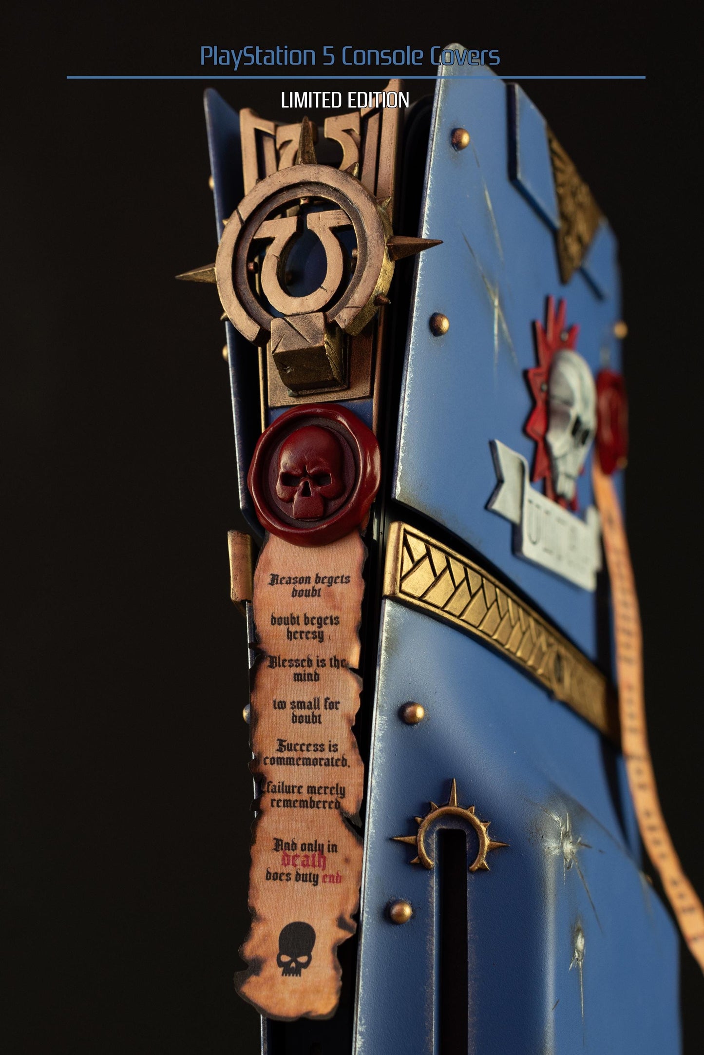 Custom made Warhammer 40,000 Space Marine 2 Ultramarine style PlayStation 5 slim console covers.