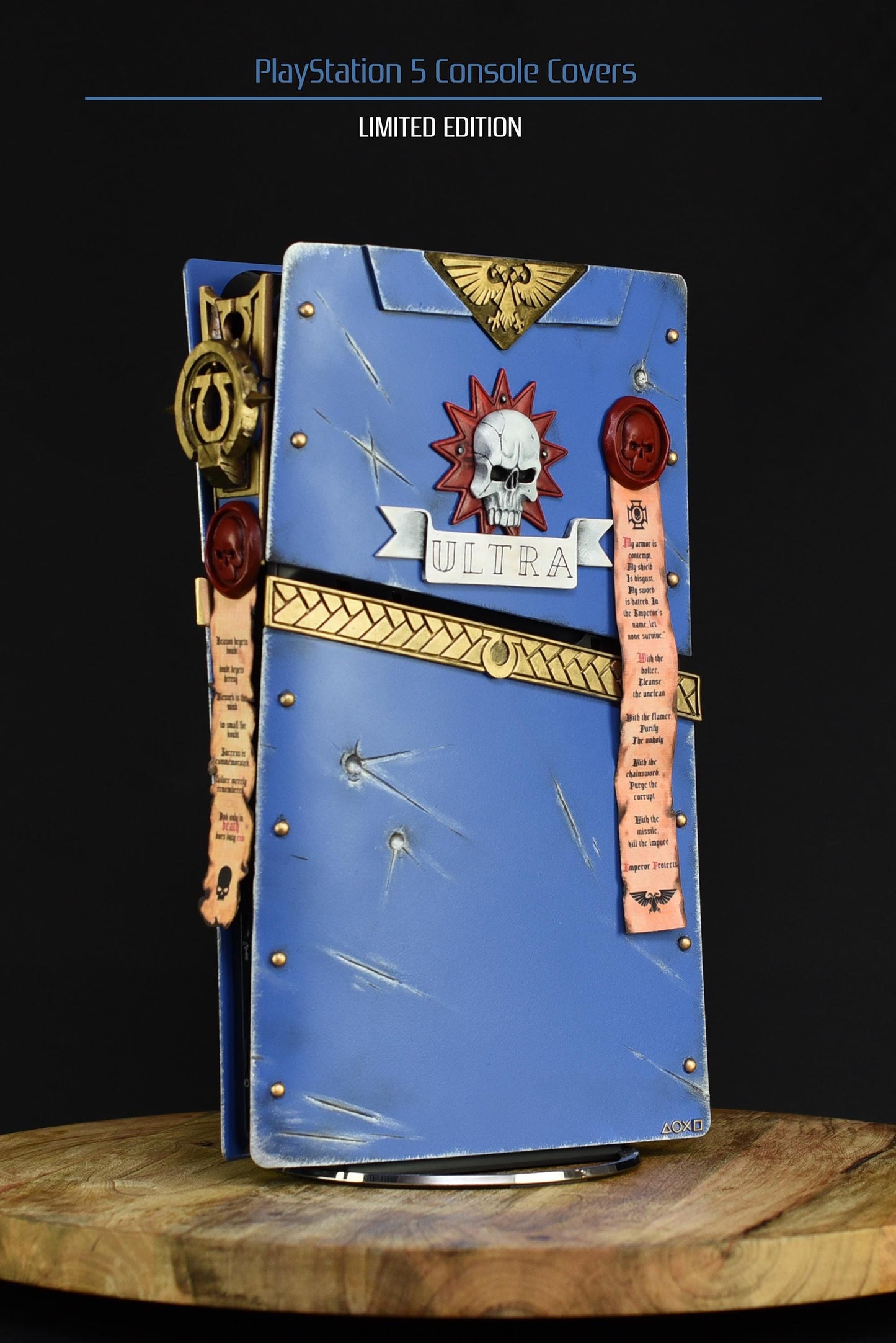 Custom made Warhammer 40,000 Space Marine 2 Ultramarine style PlayStation 5 slim console covers.