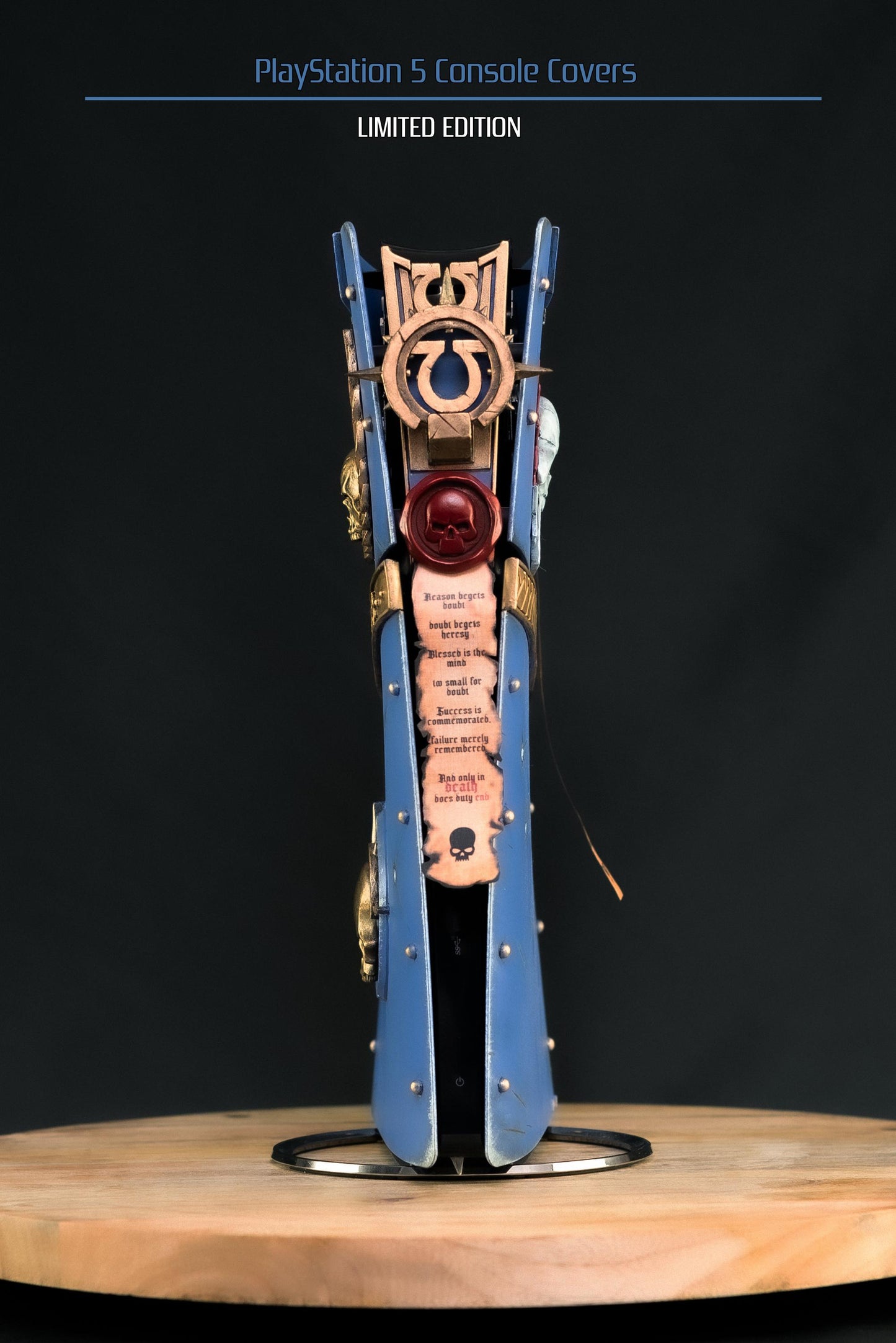 Custom made Warhammer 40,000 Space Marine 2 Ultramarine style PlayStation 5 slim console covers.